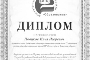 Диплом / сертификат №9 — Новиков Илья Игоревич