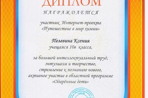 Диплом за участие в олимпиаде по химии — Пелевина Ксения Михайловна