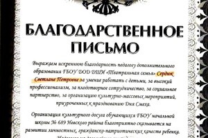 Благодарственное письмо за умение работать с детьми и профессионализм — Сердюк Светлана Петровна