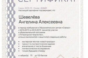 Диплом / сертификат №2 — Шевелёва Ангелина Алексеевна