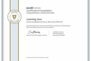 Certificate of Completion, Linkedin Learning | Learning Java — Штундер Андрей Анатольевич