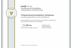 Certificate of Completion, Linkedin Learning | Programming Foundations: Databases — Штундер Андрей Анатольевич