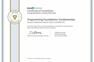 Certificate of Completion, Linkedin Learning | Programming Foundations: Fundamentals — Штундер Андрей Анатольевич