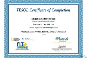 TESOL Certificate of Completion. Practical Ideas for the Adult ESL/EFL Classroom. — Сидорчук Евгения Марсельевна