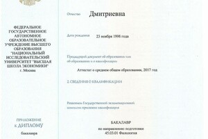 Вторая страница диплома бакалавра НИУ ВШЭ Санкт-Петербург по направлению подготовки \