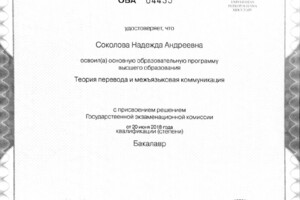 Диплом бакалавра с отличием — Соколова Надежда Андреевна