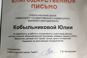 Организация учебно-научной школы для школьников от Тюменского Государственного Университета по предметам: математика,... — Кобыльникова Юлия Владимировна