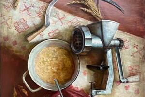 Хабибуллин Ким Про серп, колосья и мясорубку 108/90 холст/масло, 2024г — Хабибуллин Ким Сергеевич