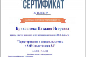 Сертификат за участие в вводном курсе вебинаров компании Elect-Assist.ru Таргетирование в социальных сетях +... — Кривошеева Наталия Игоревна