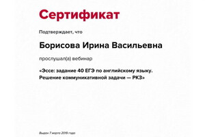 Сертификат участника вебинара — Борисова Ирина Васильевна