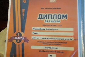 Диплом за 3 место во Всероссийской олимпиаде по информатике — Кузьмин Кирилл Александрович