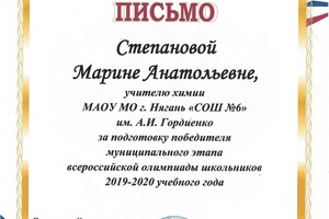 за подготовку победителя к муниципальному этапу Олимпиады по химии — Степанова Марина Анатольевна