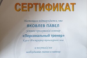 Сертификат WellFitness center о прохождении мной программы обучения Персональный тренер по фитнесу и бодибилдингу. — Яковлев Павел Дмитриевич